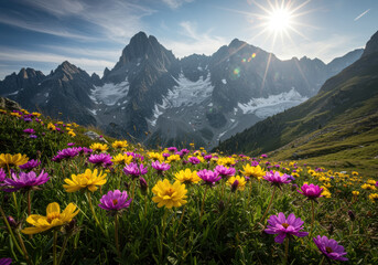 Fototapeta premium Colorful alpine wildflowers blooming in a vibrant mountain valley under bright sunlight with rugged peaks and glaciers in the background