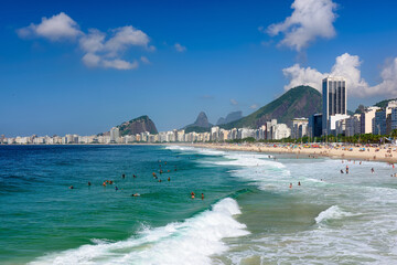 Copacabana beach Leme beach in Rio de Janeiro, Brazil. Copacabana beach is the most famous beach in Rio de Janeiro. Sunny cityscape of Rio de Janeiro