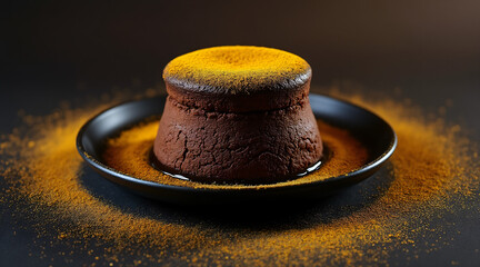 Chocolate dessert with a dusting of yellow spice on a dark plate and background
