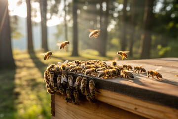 Bees gathering on wooden hive edge in sunlit forest clearing with active pollinators flying among warm morning light rays