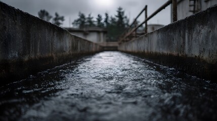 A concrete channel with dark water flowing through an industrial wastewater treatment facility under a cloudy sky