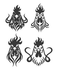 Stylized rooster head logo set. Tribal tattoo style vector illustration. Isolated on white.