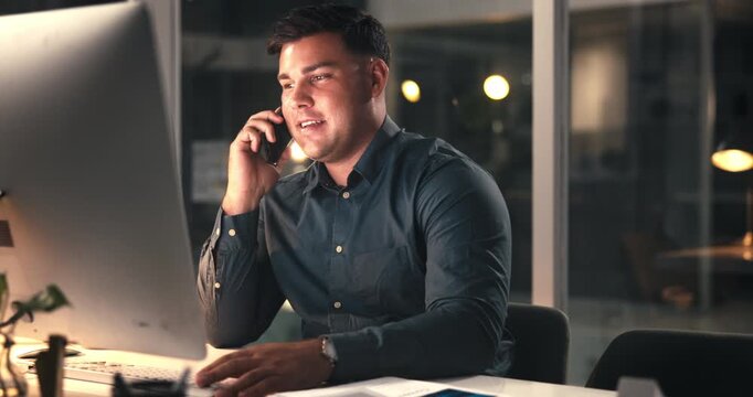 Phone call, finance and businessman in office at night with negotiation for investment deal. Cellphone, computer and male financial manager on mobile discussion for contact with client deadline.