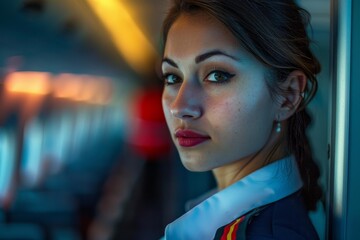 Obraz premium Portrait of a young flight attendant looking over her shoulder inside a train carriage at night
