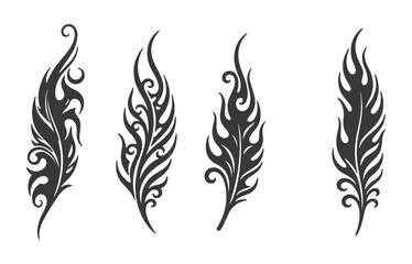 Set of tribal feather tattoo designs. Vector illustration of abstract flame-like ornamental elements.