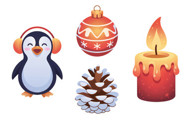Penguin with earmuffs, red Christmas ball, snowy pine cone, and glowing candle, PNG images with transparent background