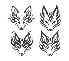 Set of four tribal fox head vector illustrations for tattoo or logo design. Isolated on white.