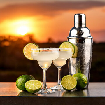 Dos copas de Margarita con borde de sal y rodajas de lima, sobre una mesa con limas cortadas y una coctelera, con un fondo borroso de un atardecer c&aacute;lido y anaranjado. La escena evoca un ambiente fest