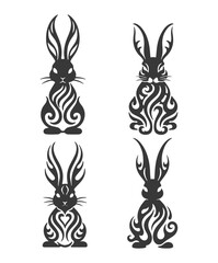 Set of tribal rabbit tattoo designs. Vector illustration of bunny silhouettes isolated on white.