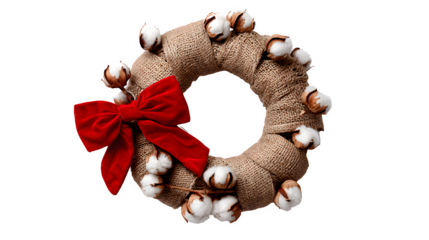 A rustic Christmas wreath made of burlap, adorned with dried cotton stems and a simple red velvet bow. Natural and charming, warm lighting, isolated on white background.