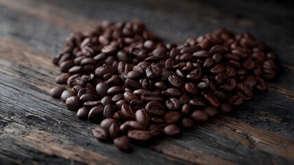 Dark roasted coffee beans artfully arranged in a heart shape on a rustic wooden surface