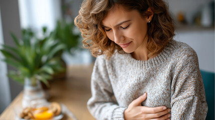 Woman with bloating and stomach pain after eating, holding abdomen near table, neutral home light, bloating, digestion, stomach ache, discomfort, nutrition, health, symptom, with c