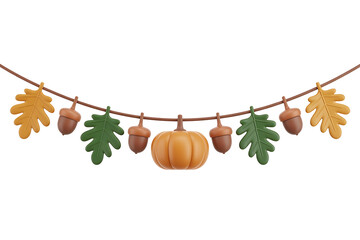 Festive autumn garland with acorns, leaves, and pumpkins, evoking a harvest celebration.