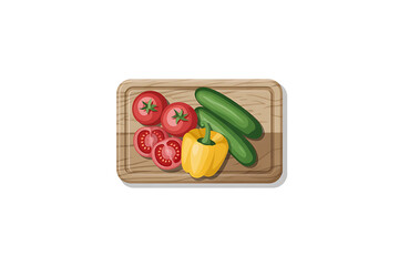 Fresh tomatoes, cucumber, and yellow pepper arranged on a rustic wooden cutting board.