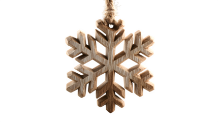 A rustic wooden snowflake ornament, carved with simple, clean lines, hanging from a thin rope. Folk art style, warm light, isolated on white background.