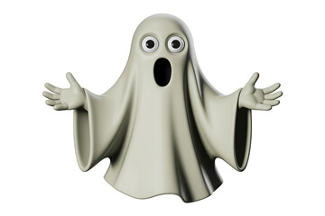 A surprised, cartoonish ghost with wide eyes and outstretched arms conveys a playful fright.