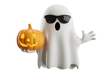 Spooky ghost with sunglasses and a carved pumpkin, embodying Halloween fun and playful fright.