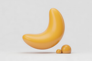 Smooth, curved yellow form resembling a crescent moon with a small sphere nearby.
