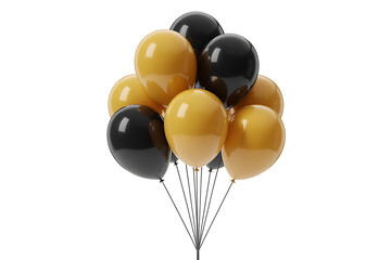 A cluster of black and gold balloons floats upwards, creating a festive and celebratory atmosphere.