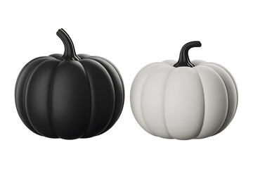 Two decorative pumpkins, one black and one white, sit side-by-side, evoking autumnal harvest themes.