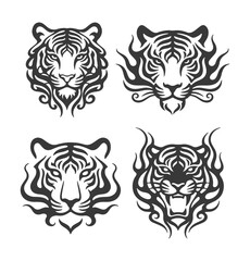 Set of tribal tiger head tattoo designs. Fierce mascot vector illustration isolated on white.