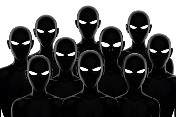 Silhouetted figures with glowing eyes stand closely together, creating an eerie, mysterious, and unified presence.