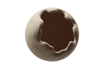 A weathered, spherical stone with a large, irregular opening, suggesting erosion and natural formation.