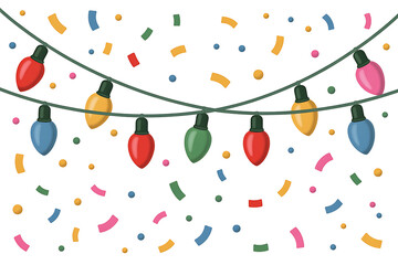 Colorful string lights and confetti create a festive, joyful, celebratory atmosphere.