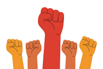 Multiple raised fists in varied skin tones signify solidarity, resistance, and collective power.