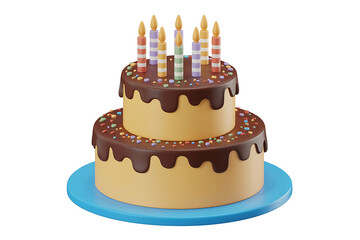 A two-tiered chocolate cake adorned with colorful candles, celebrating a joyous occasion.