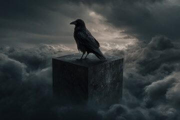 Mysterious black raven perched atop a dark stone pedestal against a dramatic stormy sky