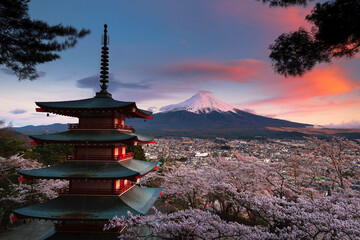Fujiyoshida, Japan Beautiful view of mountain Fuji and Chureito pagoda 