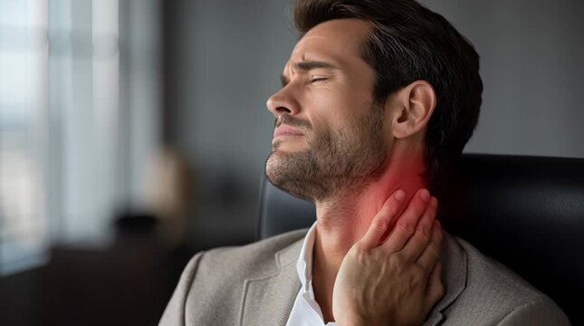 Man experiences pain in neck while working in office