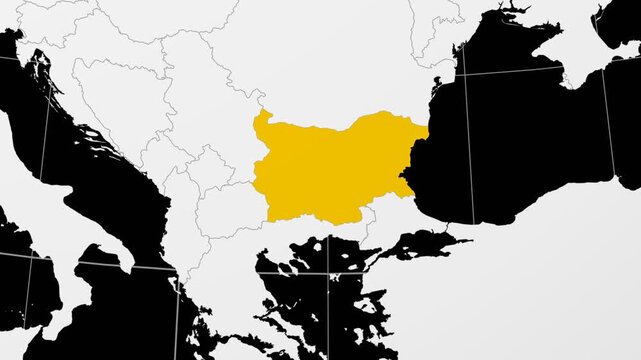 Bulgaria map. Animated zoom into the country on the Globe in Black White color palette. Country logo animation. Map with meridians, parallels. Appealing video.