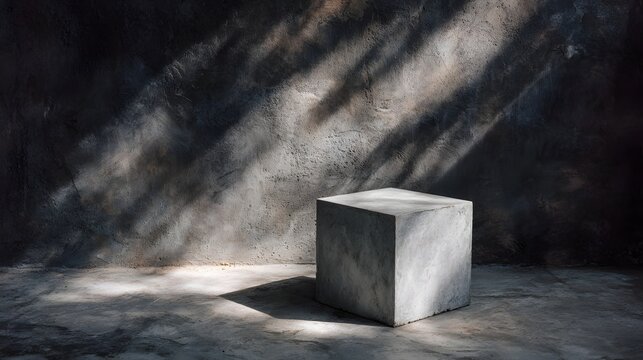A minimalist concrete cube is illuminated by dramatic diagonal shadows against a textured wall and floor