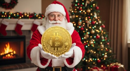 Santa Claus holding a golden bitcoin near a Christmas tree