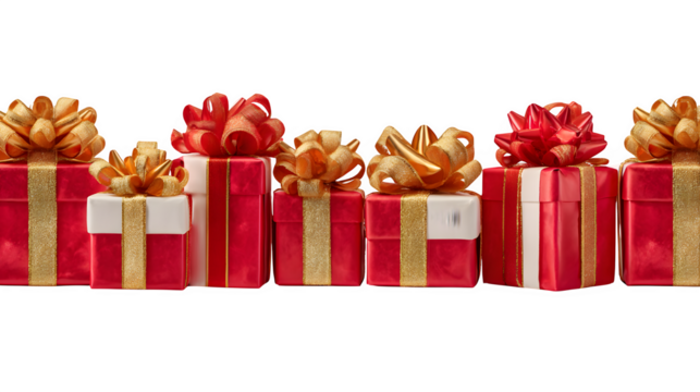 A seamless Christmas border of red and gold Christmas gifts, neatly arranged in a repeating pattern. Photorealistic and festive, isolated on white background. - Powered by Adobe
