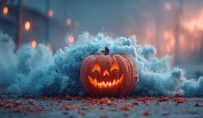 Glowing Halloween Jack O Lantern Pumpkin In Blue Smoke And Fog