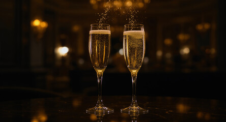 Celebrate with two glasses of sparkling champagne, bubbles rising in an elegant, festive atmosphere perfect for special occasions and luxury events.