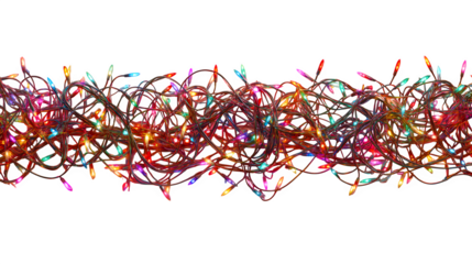 A seamless horizontal border of glowing, colourful Christmas fairy lights, tangled in a beautiful, chaotic string. Photorealistic, vibrant, isolated on white background.