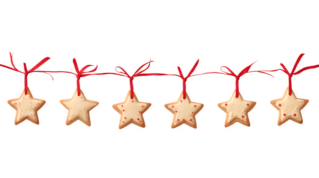 A seamless top border of hanging star-shaped cookies, each tied with a thin red ribbon. Charming and minimalist food pattern, isolated on white background.