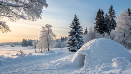 Fototapeta premium Serene winter landscape at dawn features a snow igloo nestled amongst frosted trees and evergreen forest with soft golden light painting the sky.