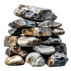 A stacked pile of various shaped gray and beige weathered stones