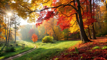 Fototapeta premium Breathtaking autumn forest path bathed in golden morning sunlight with vibrant red and yellow leaves creating a magical, serene atmosphere for peaceful exploration.
