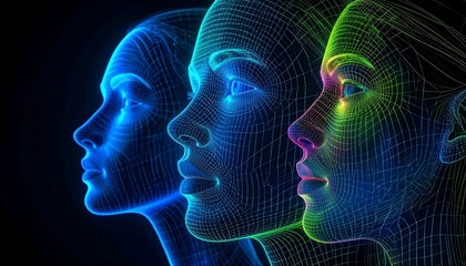 Obraz premium Three glowing wireframe female faces in profile, transitioning from blue to multicolor on a dark background