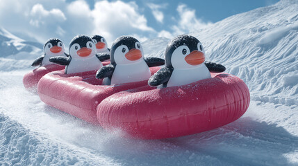 Naklejka premium Penguin pals sledding down a snowy slope on a pink inflatable, joyfully embracing winter fun! Snow-covered mountain and cloudy sky in the background, cute scene.