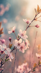 Delicate pink cherry blossoms bloom vibrantly against a soft, ethereal bokeh of spring light, bringing renewal and natural beauty to any project.