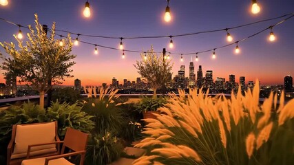 Rooftop garden party at sunset with city skyline view and string lights creates a magical, relaxed urban escape for social gatherings and events - Powered by Adobe