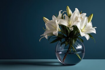 White lily bouquet in round glass vase on a sleek table. Elegant floral arrangement for interior decor or special occasion.