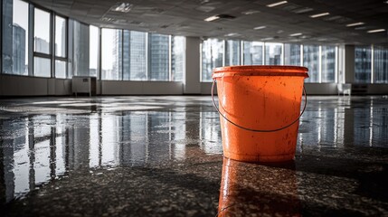 An orange bucket sits on a wet floor, reflecting light from large windows overlooking city buildings. The scene suggests an office space undergoing maintenance.